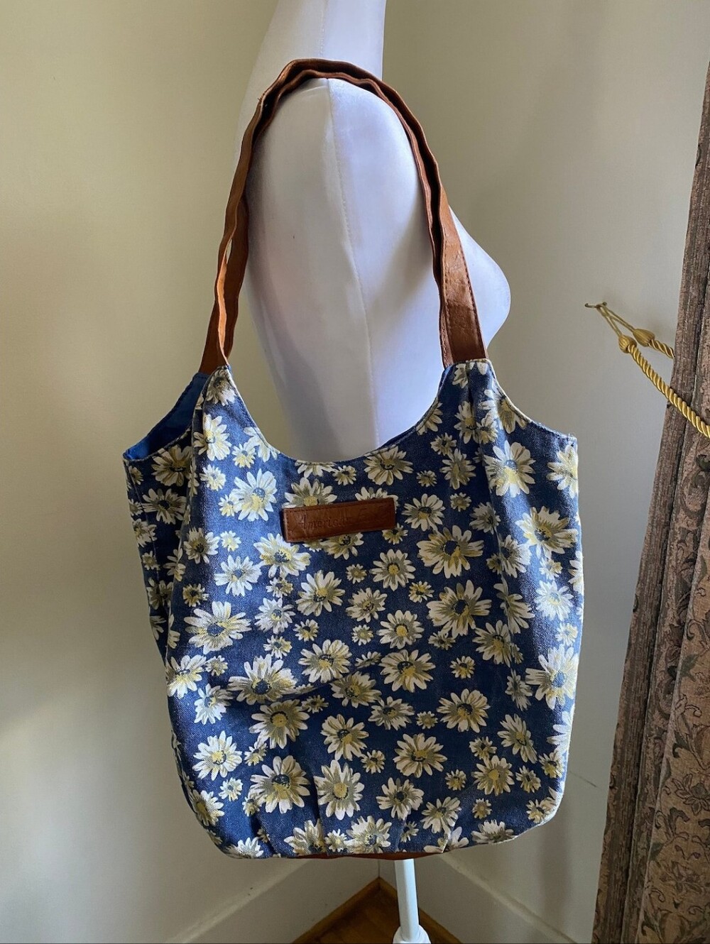 American Eagle Outfitters Navy Floral Tote with Brown Straps